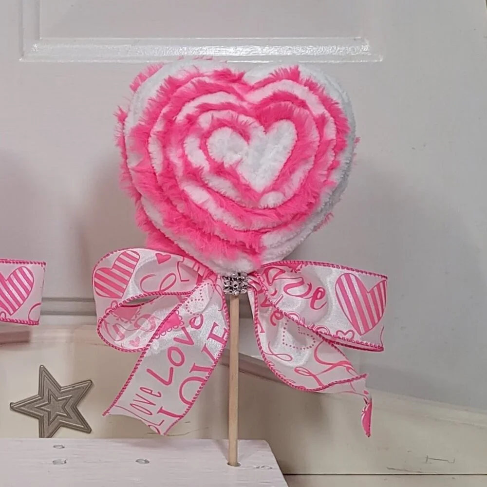 Velvety White Yarn & Pink Furry Yarn Heart Lollipop, Hand Crafted